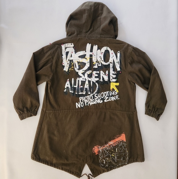 Zara basic army green graphic Hooded Jacket - Picture 2 of 13